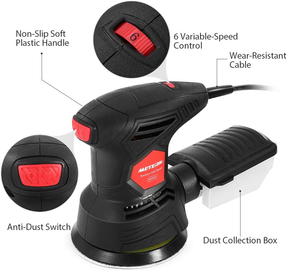 Meterk 5 Inch Random Orbit Sander 2.5A Orbital Sander with 12Pcs Sandpapers, 12000RPM, 6 Variable Speed, Efficient Dust Collector, Ideal for Finishing, Sanding, Polishing Wood - - 
