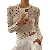 GCZREN Women Trendy Crew Neck Polka Dot Sheer Mesh Blouse Sexy Slim Fit Long Sleeve See Through Crop Shirt Fall Clubwear