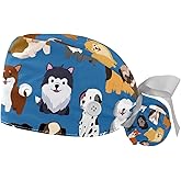 2 Pack Scrub Caps Surgical Hat for Women, Cartoon Animal Dogs Nurse Unisex Tie Back Hat, Long Hair