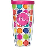 Signature Tumblers Mimi and Happy Circles Wrap on Clear 22 Ounce Double-Walled Travel Tumbler Mug with Hot Pink Easy Sip Lid