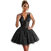 GARDOM Sparkly Starry Tulle Homecoming Dresses Short for Teens V Neck Prom Dresses Star Moon Cocktail Dress Mini Gowns