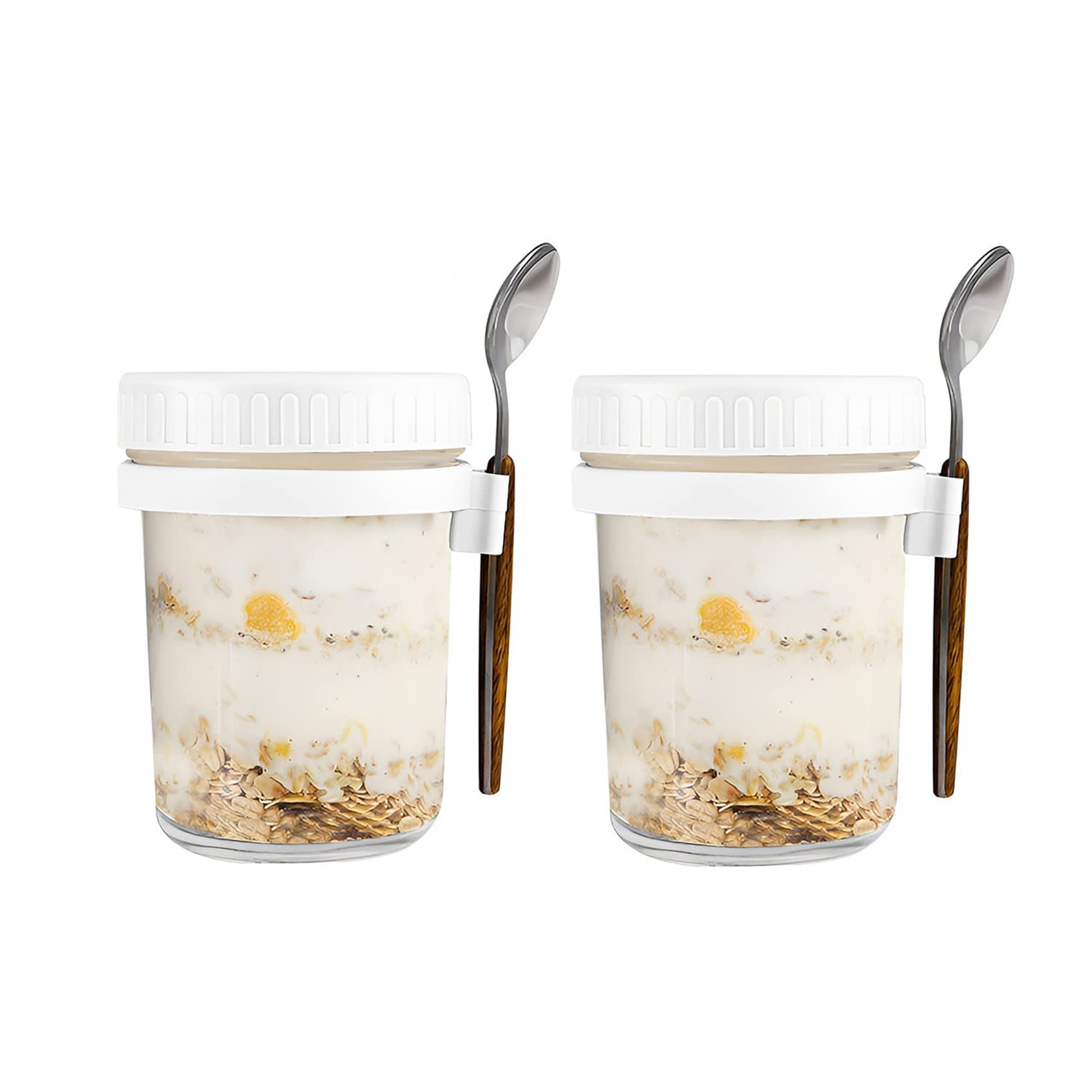 Hniuyun 2 Pack Overnight Oats Jars with Lids and Spoon, 10 oz Airtight Breakfast Jars with Measurement Marks, Mason Jars with Lid for Salads Cereal Milk Porridge Fruit (White + White)