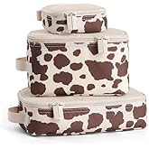 Itzy Ritzy Packing Cubes for Travel Set of 3 Packing Organizers – Each Travel Cube Features a Mesh Top, Double Zippers and a Fabric Handle (Cow Print)