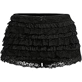 BEAUDRM Women's Y2K Ruffle Lace Shorts Lolita Bloomers Layered Low Waisted Shorts Bow Front Pumpkin Short Pants
