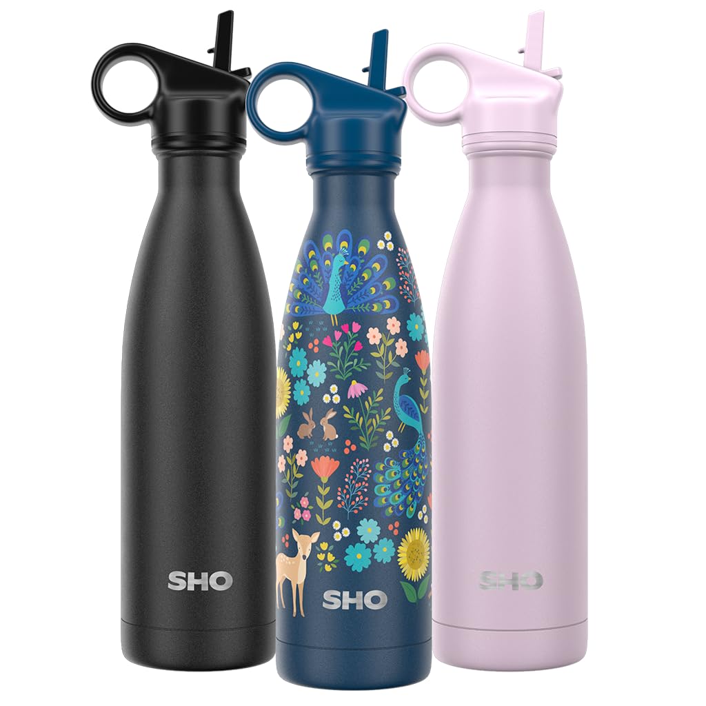 SHO Stainless Steel Water Bottle with Straw and Screw Lid - Leakproof, BPA Free, Vacuum Insulated Double Wall Metal Flask 500ml Original 2.0 12 Hours Hot 24 Cold (500ml, Woodland Garden)