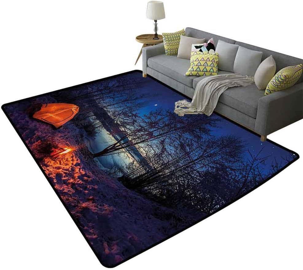 Camper Indoor Rug Illuminated Tent in Winter Camp at Night Nature Exploration Trekking Image Relieve Foot Pressure Blue Orange Plum, 6'x 7'(180x210cm)