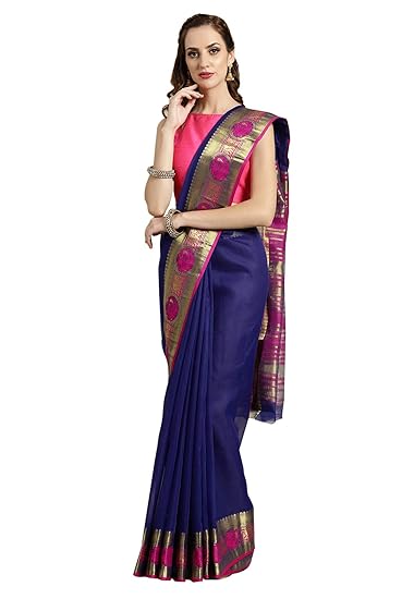 Poly Cotton Royal Blue Golden Zari Woven Womens Saree