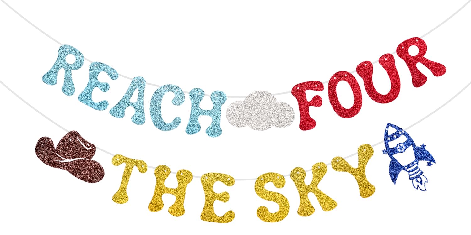 Glitter Reach Four The Sky Banner Cartoon Story 4th Birthday Party Decorations Toy Inspired Game Kids 4th Birthday Banner Party Supplies for Boy
