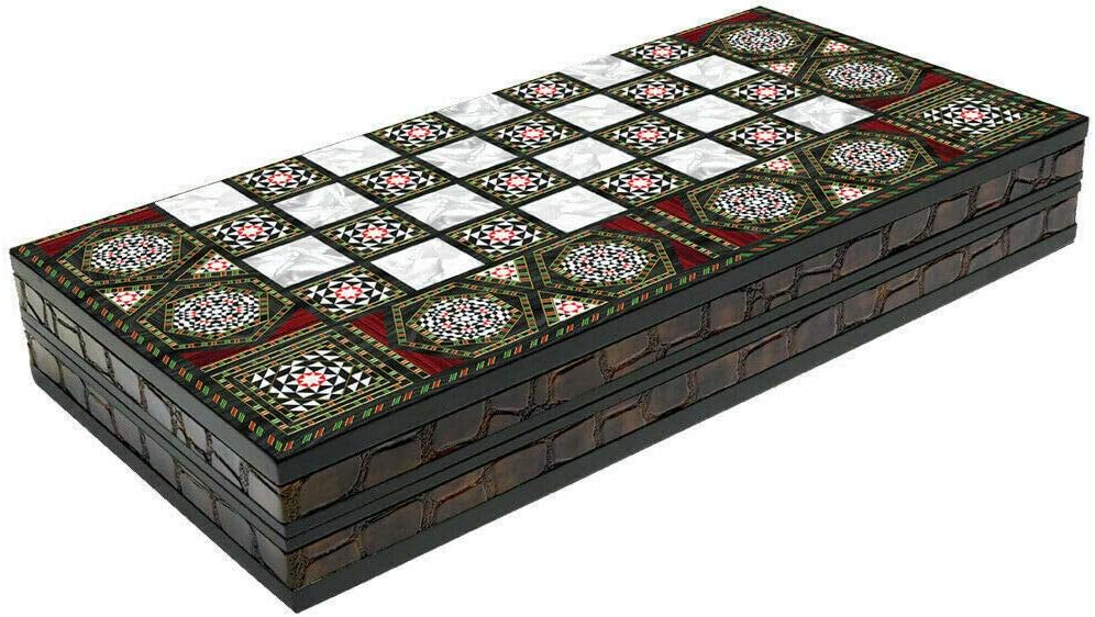 Chessgammon BACKGAMMON SET LARGE WOODEN FOLDABLE STORAGE TRAVEL HOLIDAY ADULT KIDS FAMILY TRADITIONAL BOARD GAME MOTHER OF PEARL DESIGN WITH DOUBLING DICES