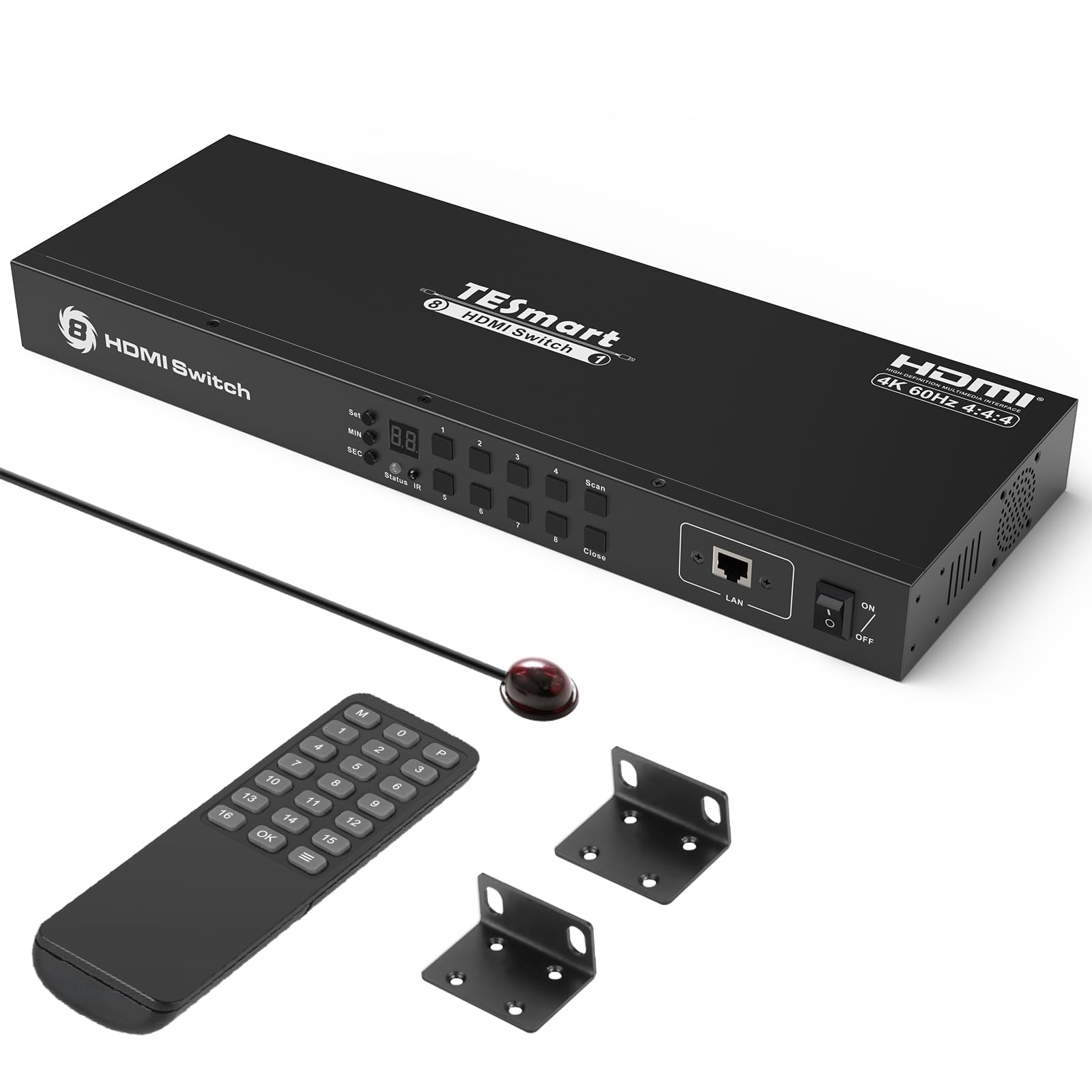 TESmart HDMI Switch 8 Port, 8x1 4K@60Hz HDMI Switcher, with EDID Emulator, RS232/LAN Port, HDCP 2.2, Auto Scan, Auto Detection, 8 In 1 Out Switch for 8 Computers with Rack Ears and IR Remote