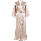 BABEYOND Satin Kimono Robe Silky Long Bridesmaid Wedding Lightweight Bath Robe with Lace Trim