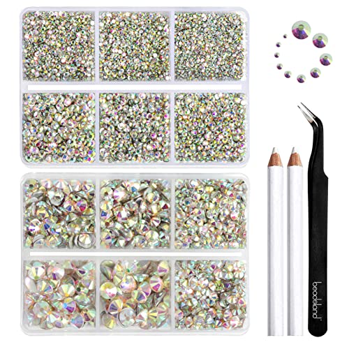 Beadsland 8300PCS Flatback Rhinestones, AB Crystal Rhinestone Round Crystal Rhinestones for Crafts, Mixed 10 Sizes with Wax Pencil and Tweezer Kit, SS3-SS30, Crystal AB