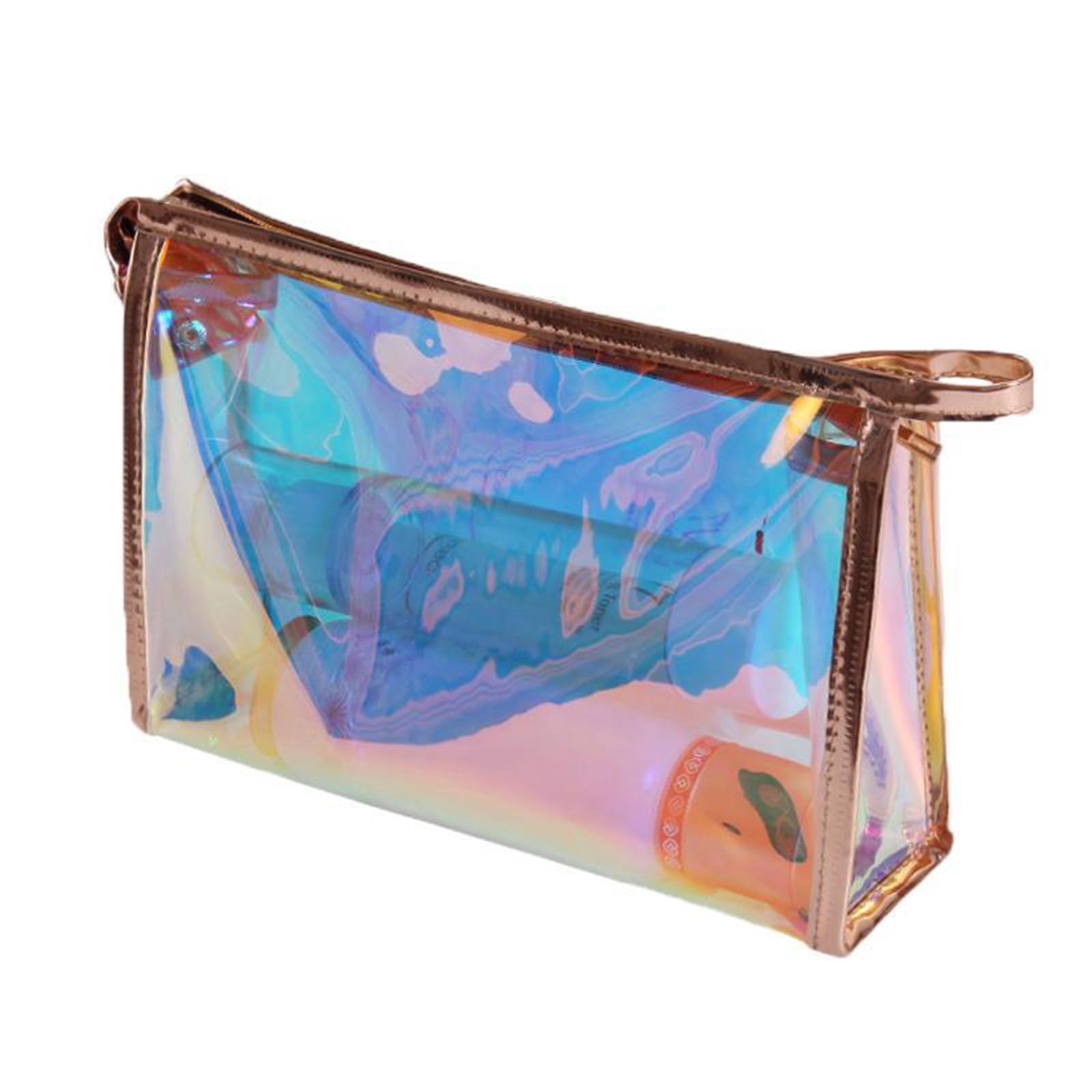 Desuibao Iridescent Holographic Makeup Bag with Portable Handle, Travel Clear Toiletry Bag, Lipstick Cosmetic Pouch, Waterproof Zipper Beach Bag Make up Organizer Case for Woman Teen Girl, B