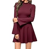 Wenrine Womens Long Bell Sleeve Mini Dress Casual Mock Neck Ruffle Hem Slim Fit Fall Knit Dresses