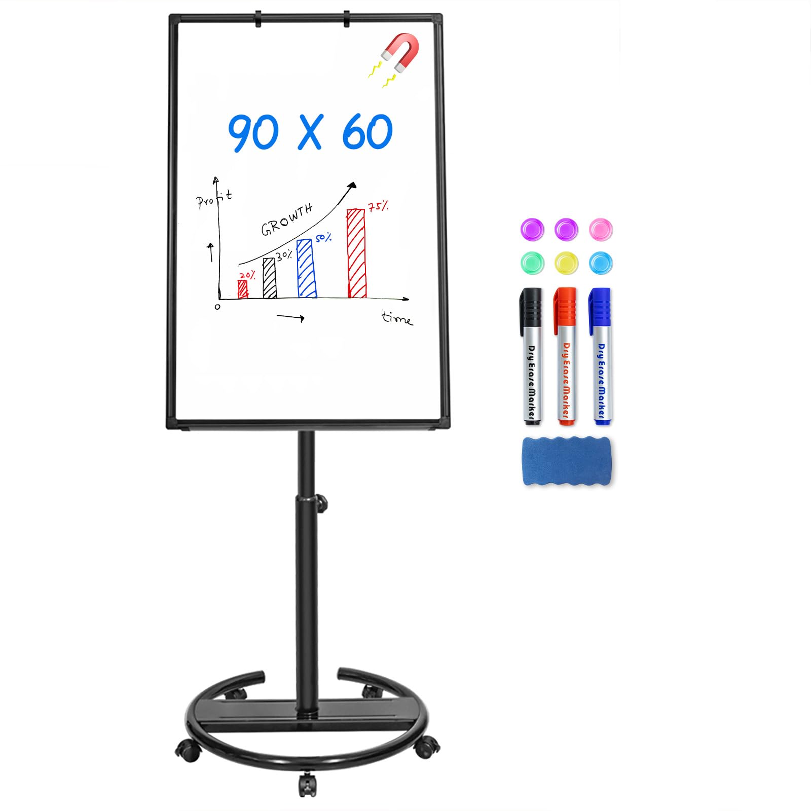 maxtek Flip Chart Stands Mobile Whiteboard, 90 x 60 CM Magnetic WhiteBoard Stand, Aluminum Frame Height Adjustable Portable Whiteboard, 1 Radierer, 3 Markern und 6 Magneten (Black)