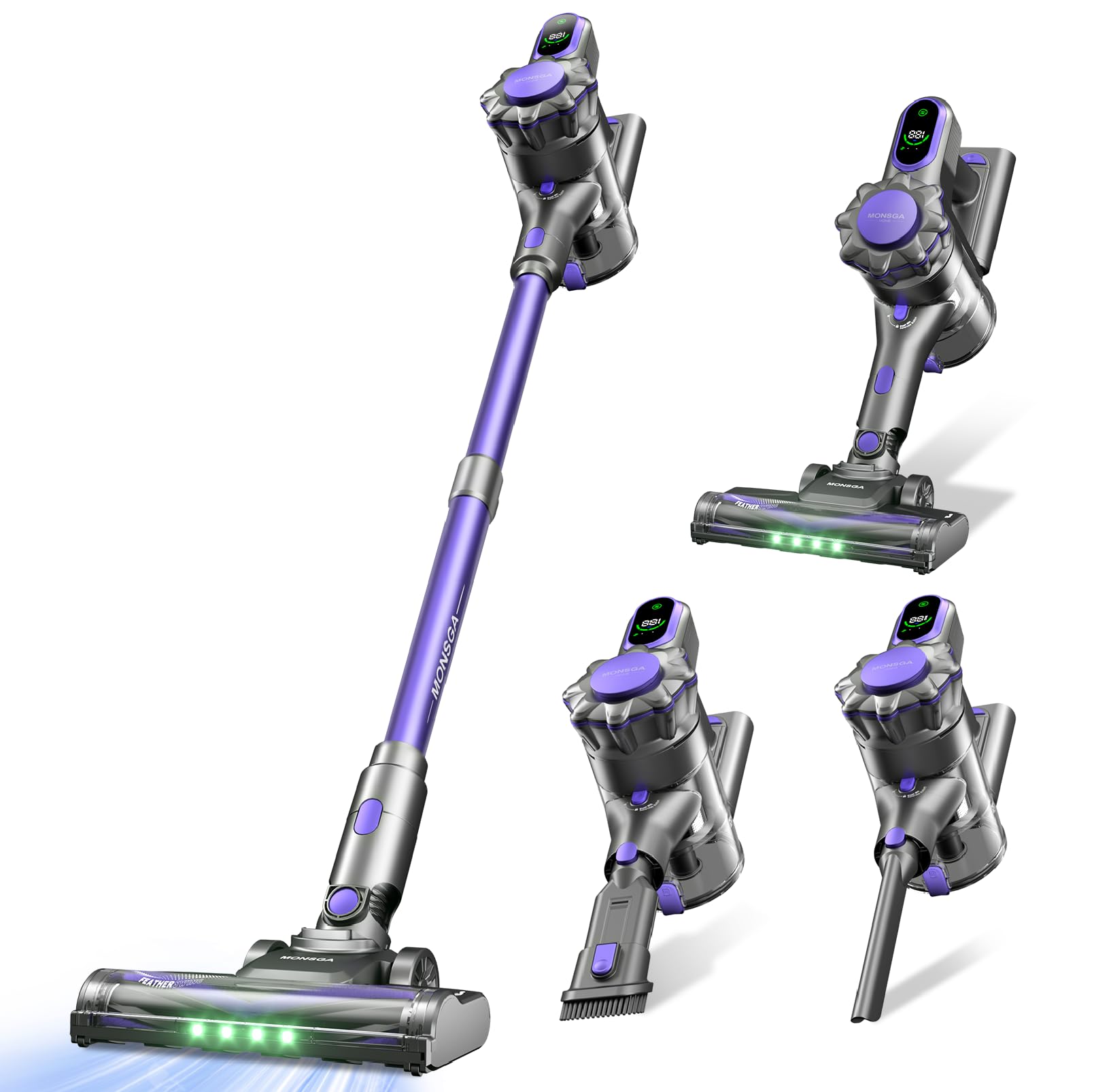 MONSGA Cordless Vacuum Cleaner, 45KPa 400W Stick Vacuum for Home, 50Mins Anti-Tangled Vacuum Cleaner with Charging Dock, Light-Weighted Handheld Vacuum for Pet Hair/Carpet/Floor (Black&Purple)