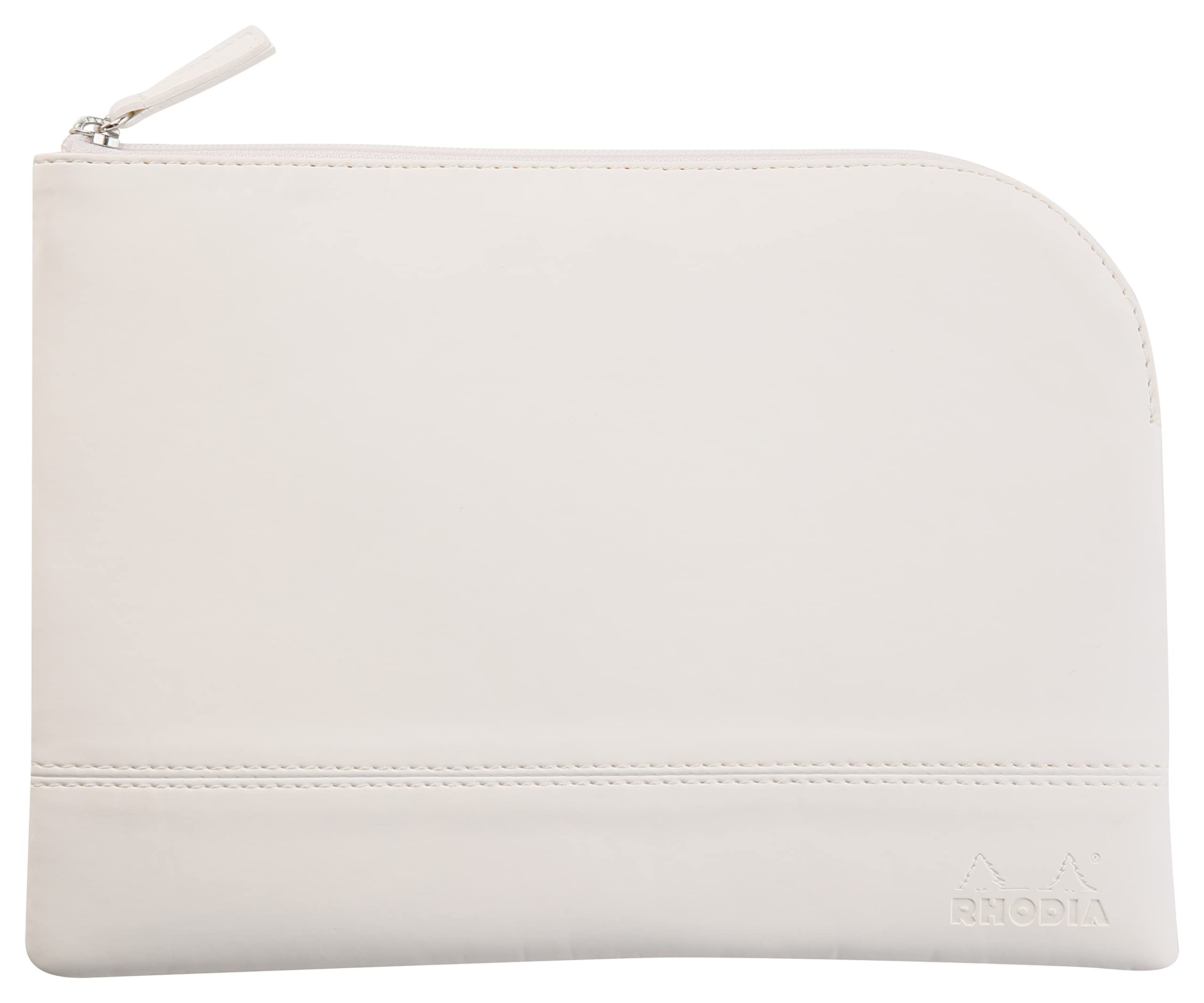 RHODIA 116622C - Faux Leather Zippered Pouch - White - Size M (16 x 22 cm) - Genuine Stitching - Orange Fabric Inside - Storage for Documents, Small Supplies
