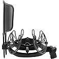 SUUNTOK Microphone Shock Mount with Pop Filter Universal Shock Stand for Microphones Size at 21-62mm Anti-Vibration Mic Holder Clip Compatible with AT2020 MXL 990 770 Rode NT1-A Neumann 103(Black)