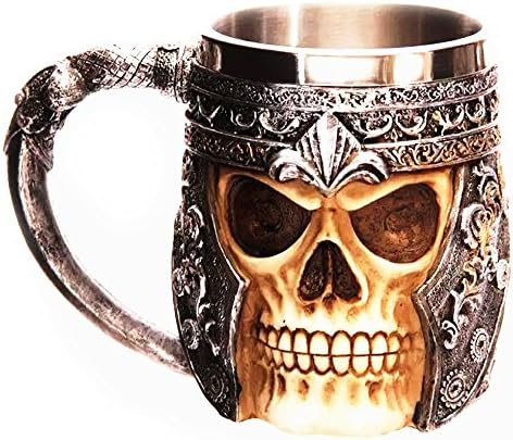Jingle 1pcs Ossuary Stainless Stell Liner Drinking Skull Mug Resin 3D Skull Tankard Horror Decor Coffee Mug Cup for Halloween Bar Party Game