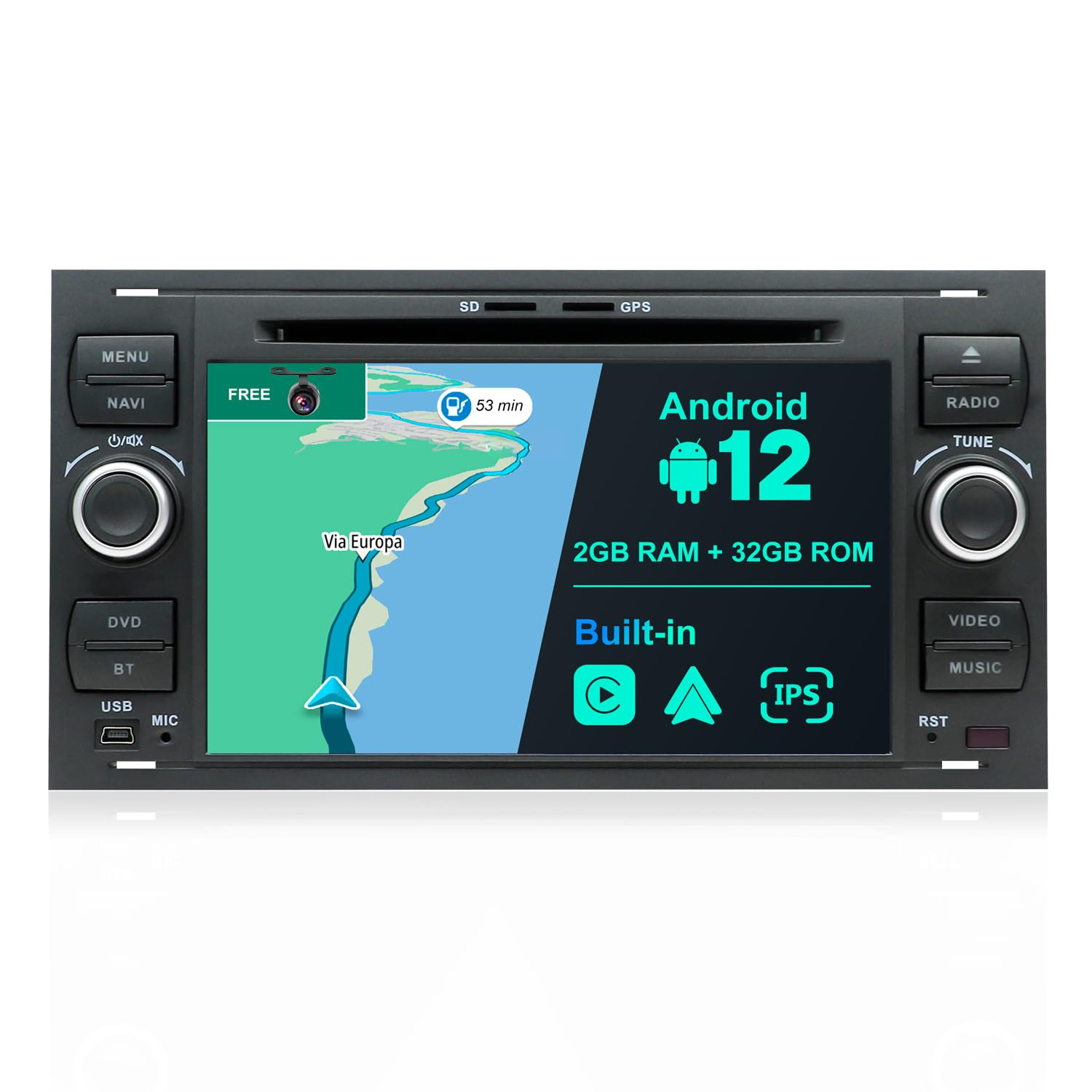 JOYX Android 15 Double Din Car Stereo For Ford C-Max/Connect/Fiesta/Focus/Fusion/Galaxy/Kuga S-Max/Transit/Mondeo Schwarz Head unit- Free Backup Camera - 2G+64G 7 Inch - WIFI Carplay BT5.0 SWC