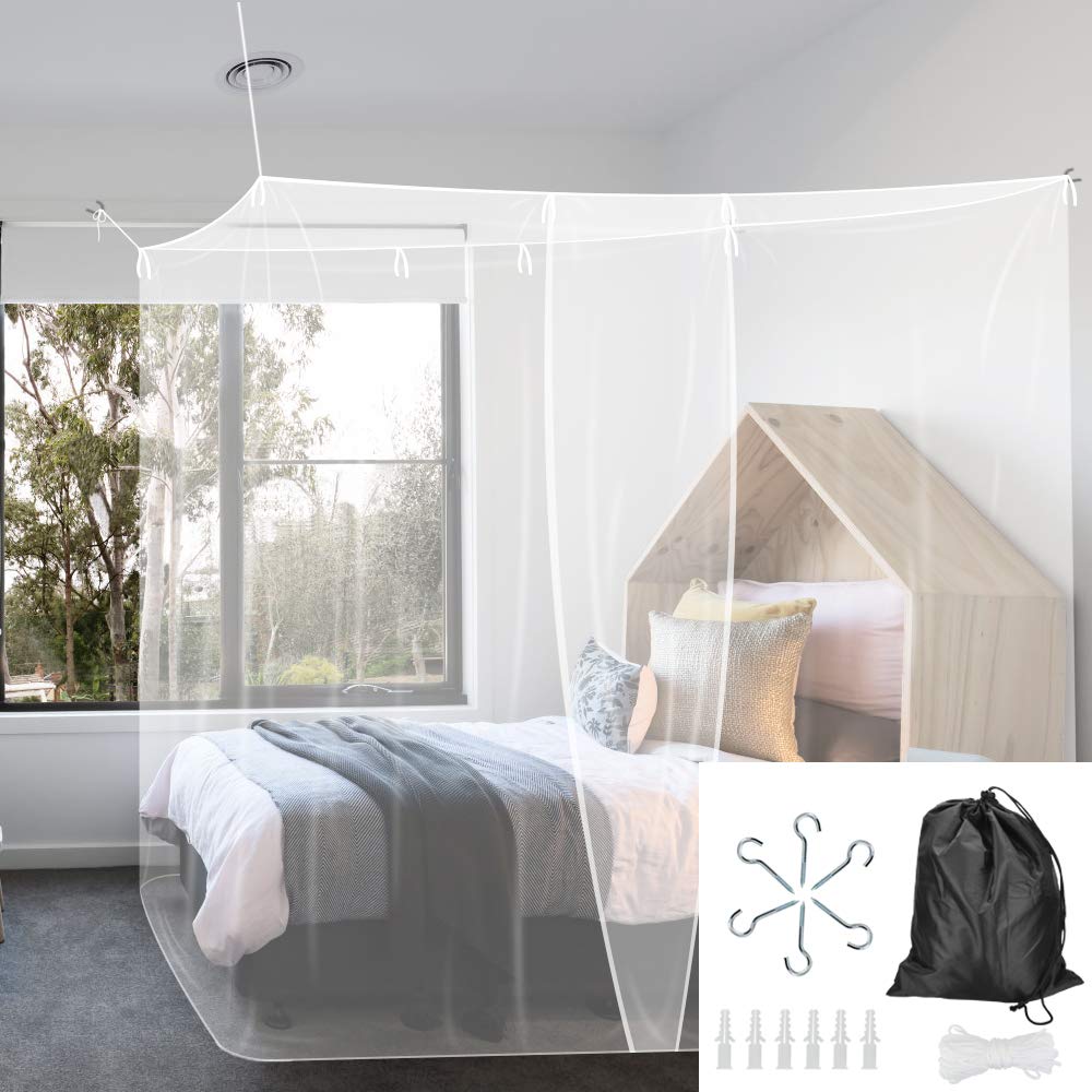 BUZIFU Mosquito Net for Bed, Polyester, White, Square, 1.9x1x2 m (Pack of 1), Ideal for Single to Twin Size