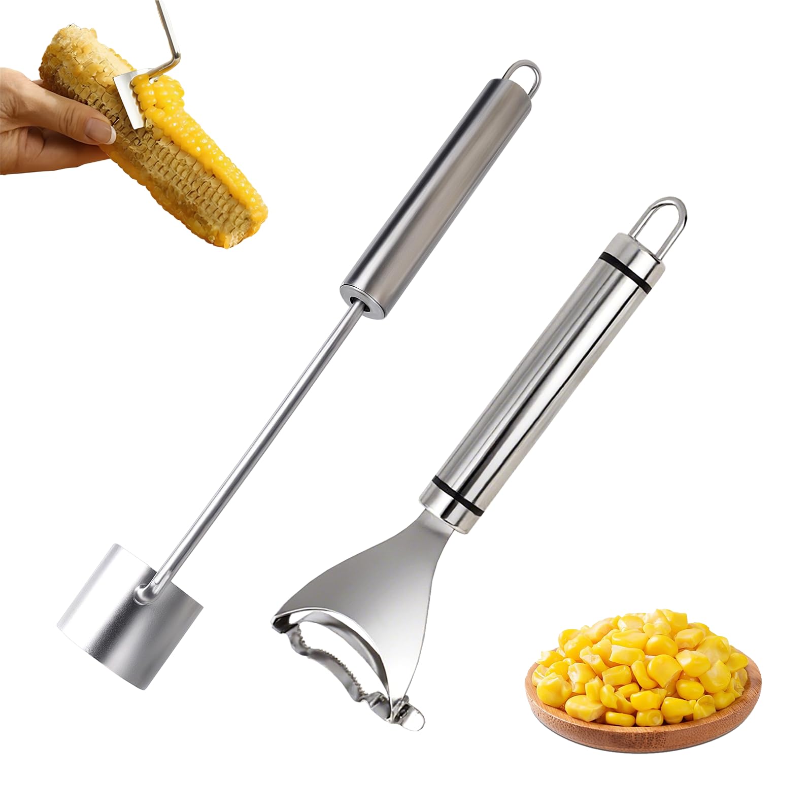 Photo 1 of 2 Pack Corn Peeler on the Cob, 2 Styles Stainless Steel Corn Stripper with Long Handle, Easy to Clean, Metal Popcorn Cutter Tool for Home Kitchen Meal Prep BBQ and Outdoor Use