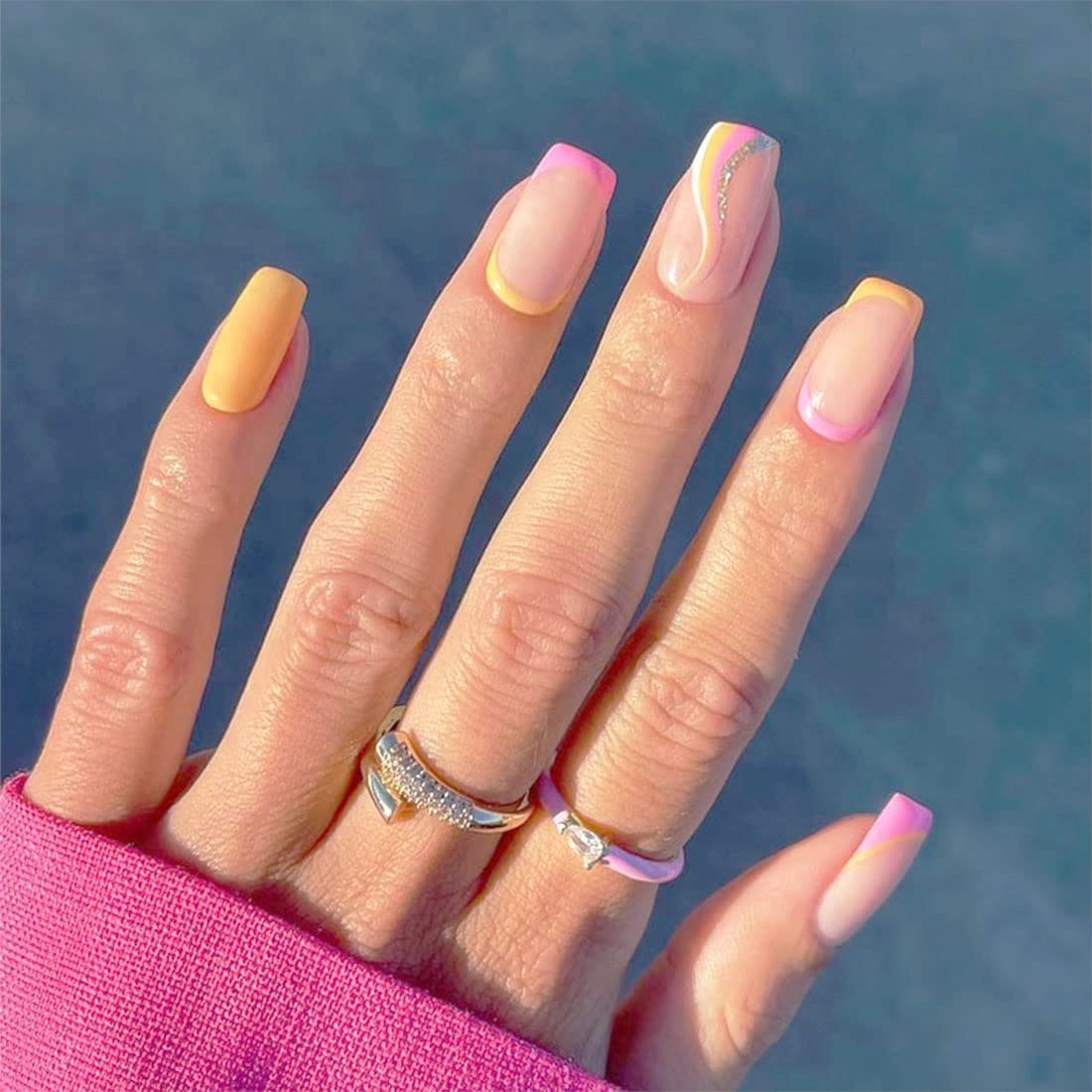 24 PCS French Fake Nail Pink And Yellow Press on Nails Medium Length With Glossy Line Design Fake Nails Simple Wave Fake Nails Full Cover Stick on Nails Art for Women And Girls Daily Decoration — image 1
