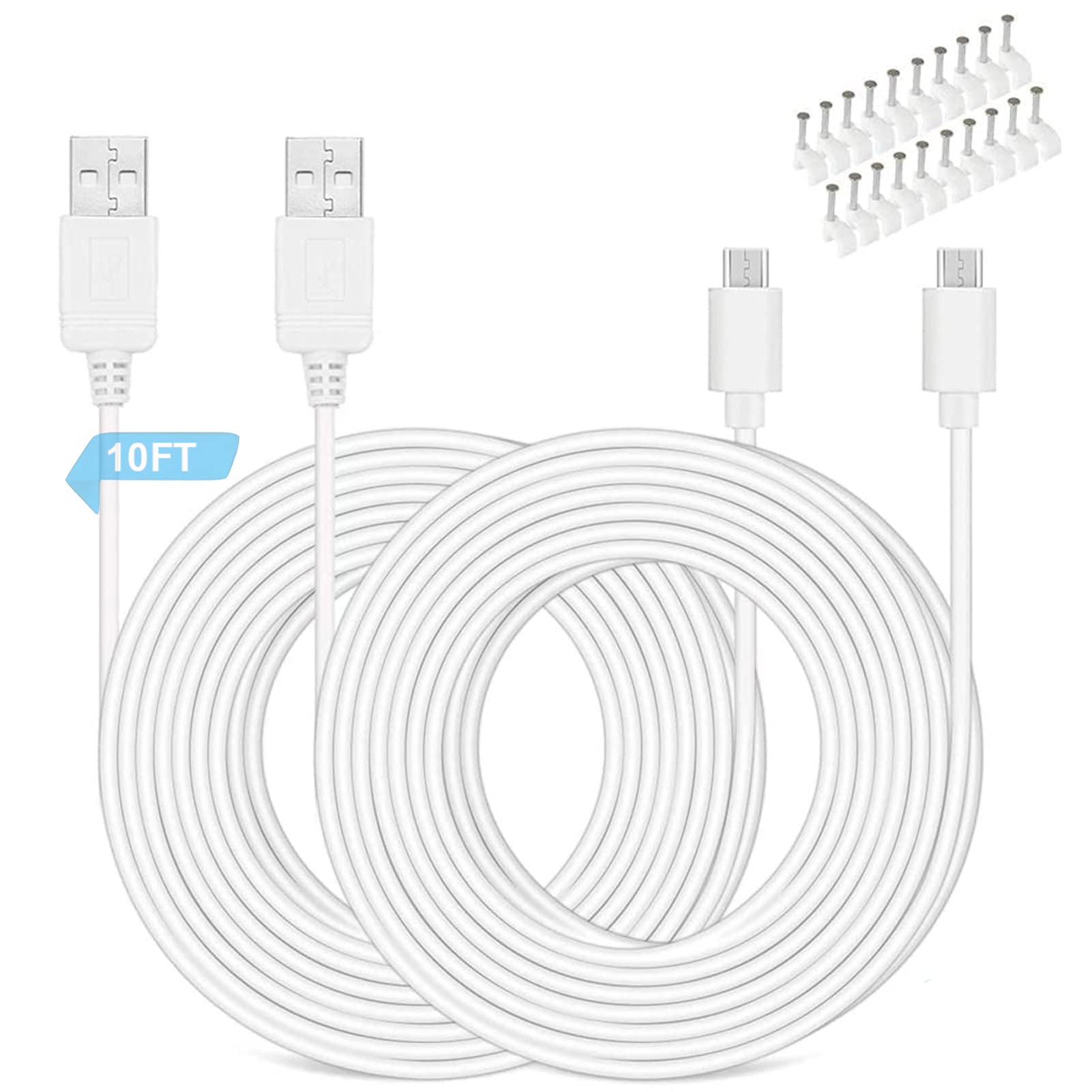 UXWEN 3M(10FT) Power Extension Cable for WyzeCam, Wyze Cam Pan, NestCam Indoor, YI Dome Home Camera, Furbo Dog, Blink Mini, Blink XT Cam, USB to Micro USB Charging Cord (2 Pack/White)