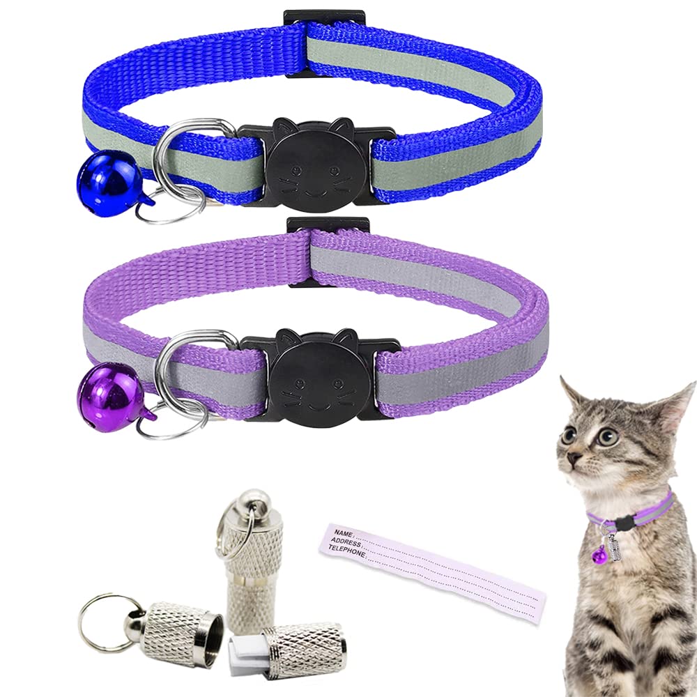 2 PCS Reflective Cat Collar with Bell Adjustable Kitten Collar Quick Release Safe Cat Collar with Name Tag Cat Accessories for Cats Dogs Pet Supplies