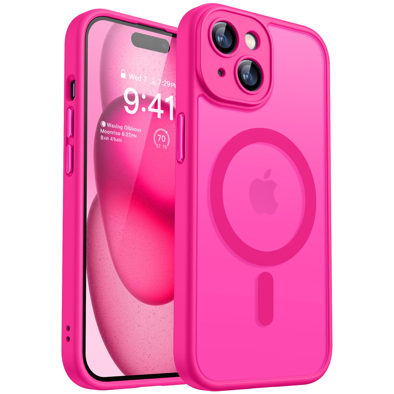 CANSHN Magnetic Compatible with iPhone 15 Plus Case, Upgraded [Full Camera Protection] [Compatible with Magsafe] [Translucent Matte] Shockproof Protective Phone Case 6.7" - Hot Pink