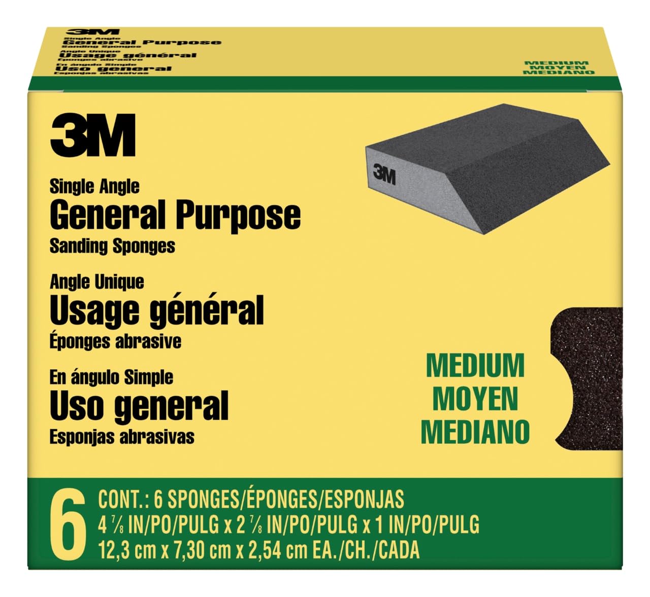 3M CP041-6P Sanding Sponge, 2.875-In by 4.875-In by 1-In, Medium Grit, 6-Sponges, Black