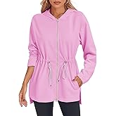 Fisoew Women's Zip Up Hoodie Sweatshirts Oversized Long Sleeve Casual Drawstring Waist Side Slit Tunic Tops Pink