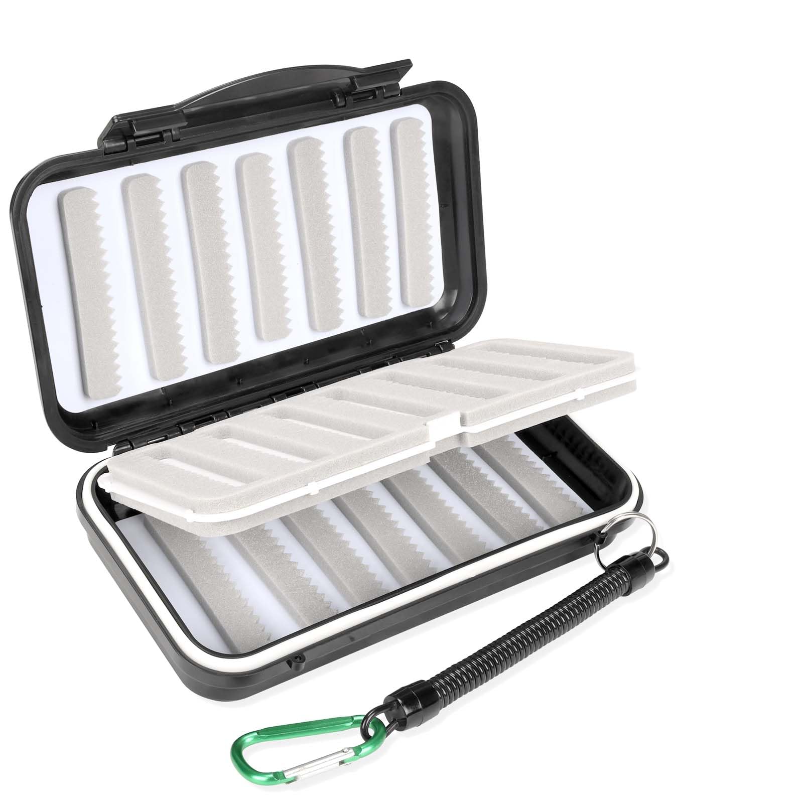 Black Lid Fly Fishing Lures Box - Waterproof, Lightweight, Two-Sided with Foam and Coil Springs