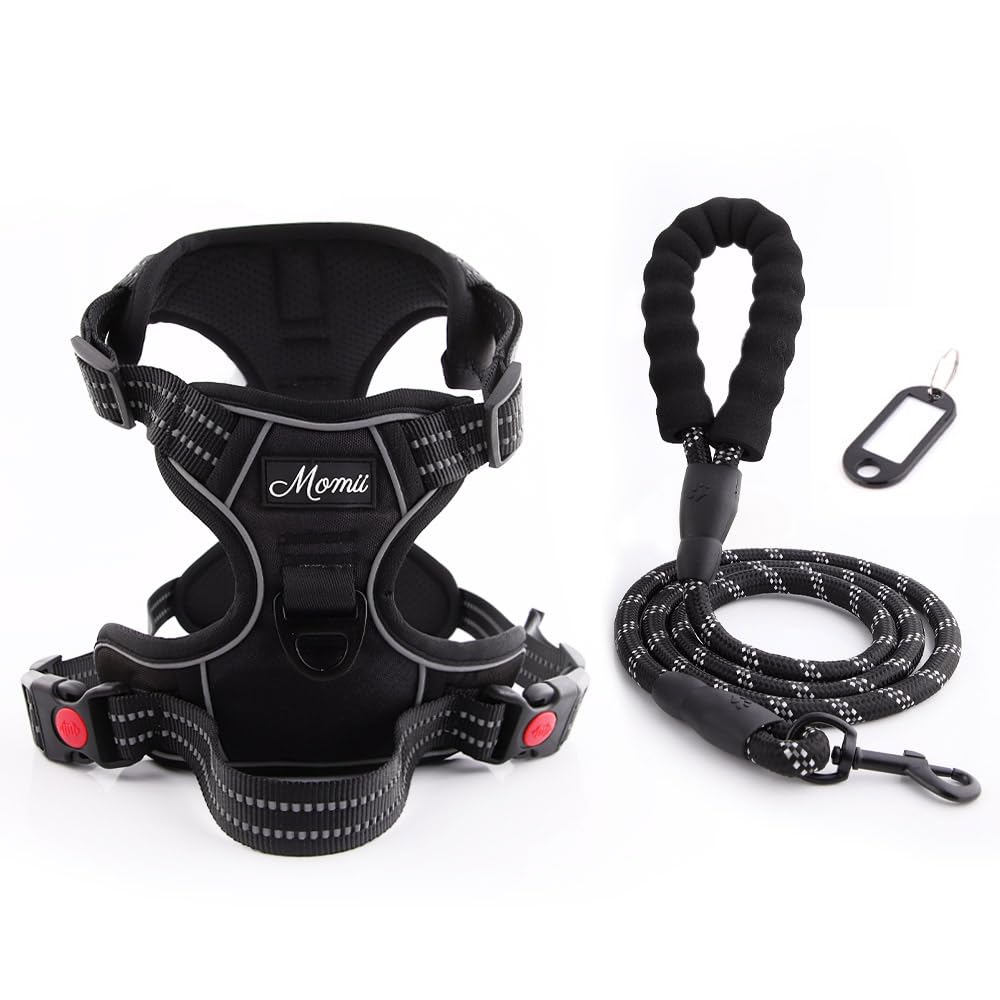 momii Dog Harness Anti-Pull Harness Dog No Pull Adjustable Breathable Reflective Strips Chest Harness Dog Safe Guide Tag Can Be Written On with Labels Dog Lead Black L M (M)