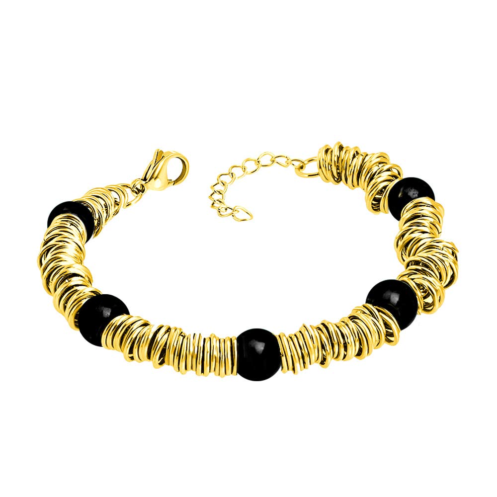 555Jewelry Stainless Steel Disc & Extendable Bead Bracelets for Women, Turquoise Bracelets for Women, Beaded Bracelets for Girls, Womens Beaded Bracelets, Gold & Onyx