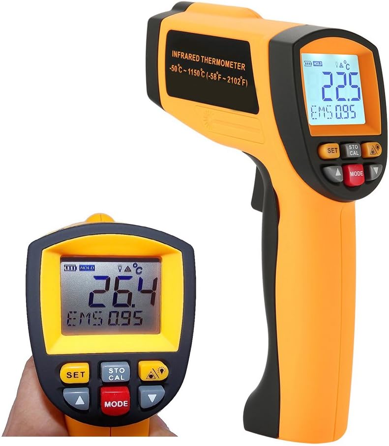 Laser Infrared Thermometer, LCD Non Contact Professional High Temperature Gun Pyrometer with Dual Laser Visual Target, Temp Alarm, Adjustable Emissivity 0.1 to 1.0, Max/Min/Avg/Dif -50°C-1150°C