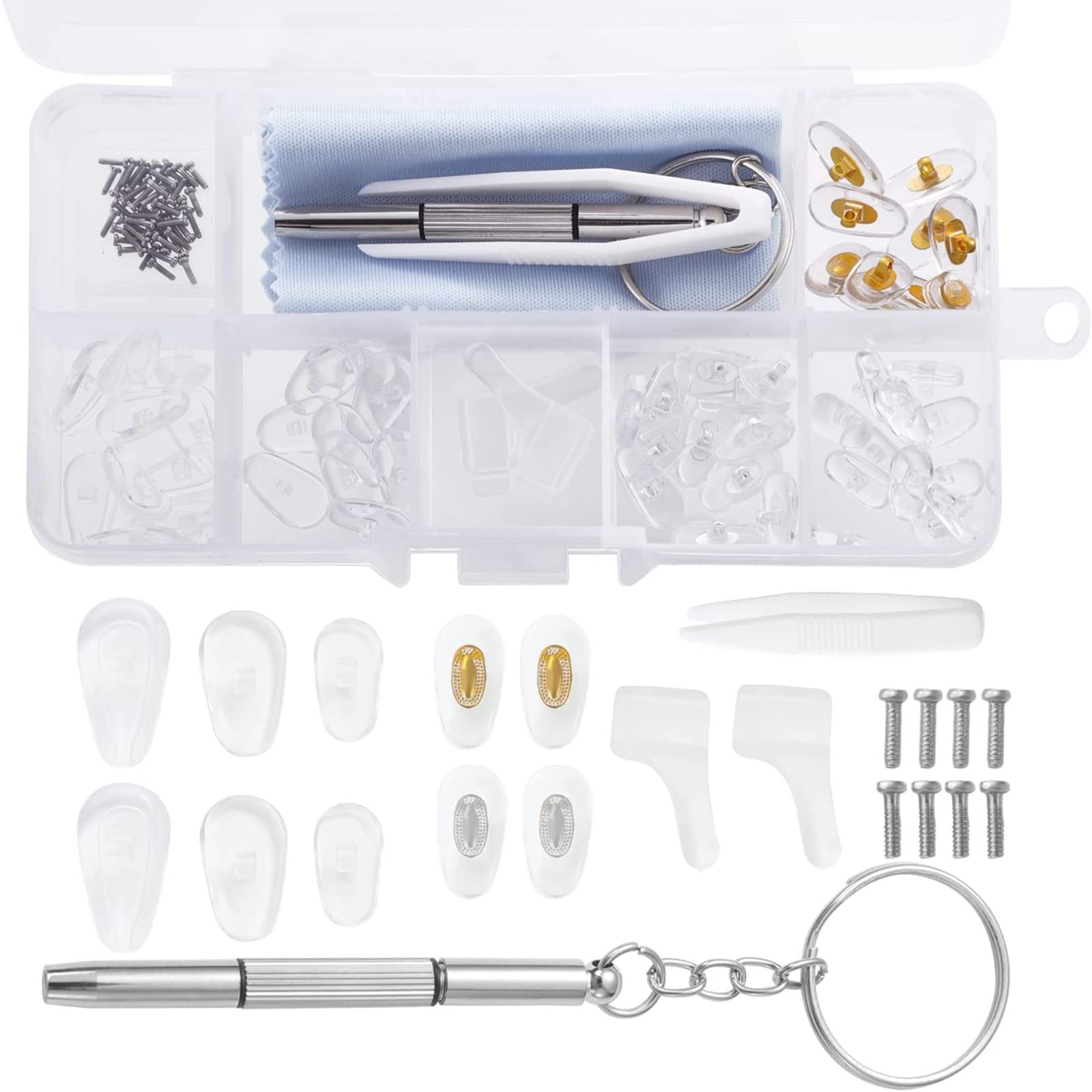 Spectacle Repair Kit, 25 Pairs Glasses Nose Pads Silicone Screw-in Nose Pads Glasses Repair Kit with Tweezer Screws Cleaning Cloth Ear Hooks for Most Eyeglasses