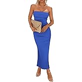 PRETTYGARDEN Women's Summer Bodycon Maxi Tube Dress Ribbed Strapless Side Slit Long Going Out Casual Elegant Party Dresses
