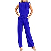 KIRUNDO Jumpsuits For Women Dressy Summer One Piece Sleeveless Ruffle Mock Neck Belt Pockets Formal Wide Leg Pants Romper