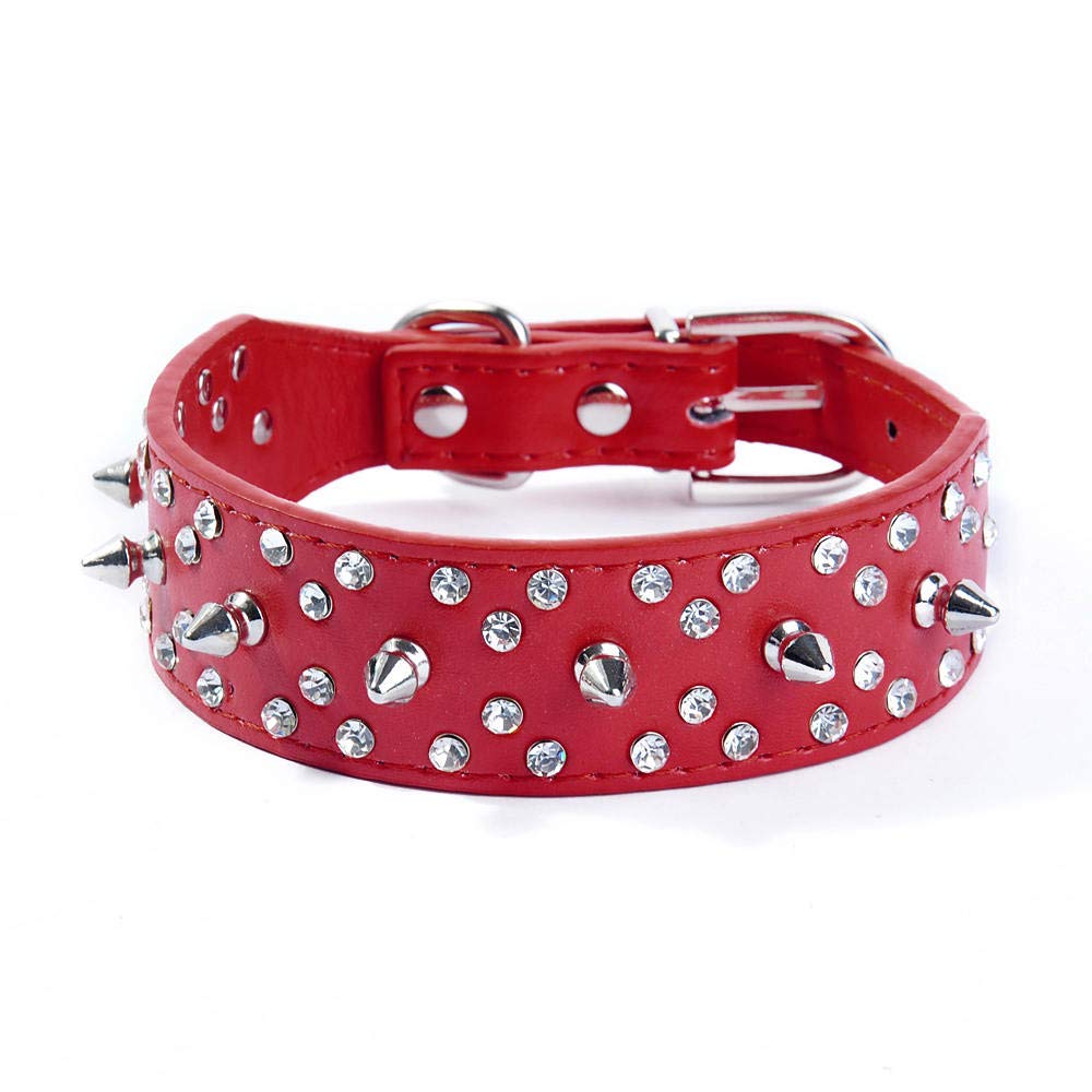 haoyueer Spiked Studded Dog Collar Stylish Leather Dog Collar, with Bullet Rivets and Rhinestones, Soft and Adjustable for Medium and Large Dogs (M, Red)