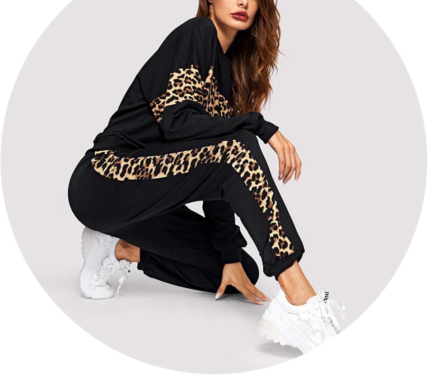 Black Leopard Panel Pullover Women O 