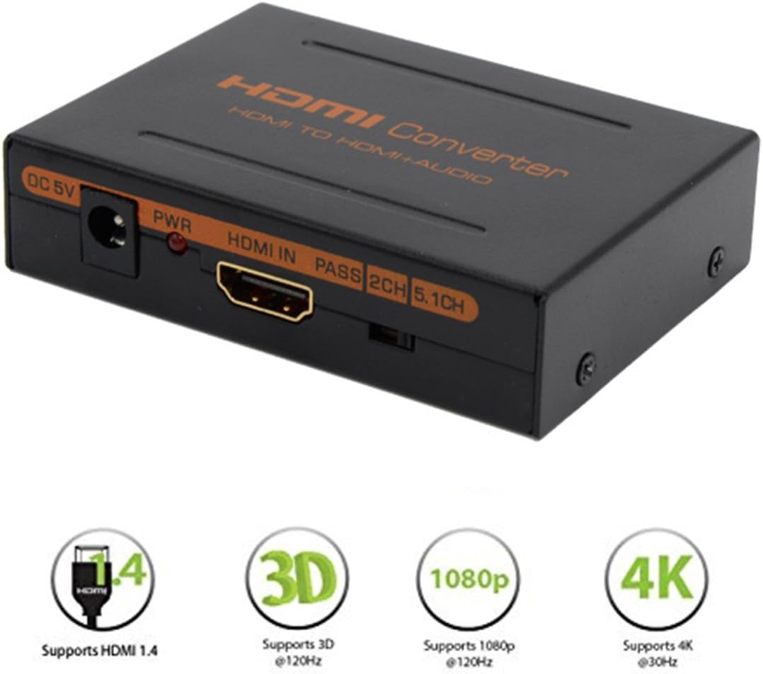 CSRET 4K x 2K HDMI to HDMI Audio Converter Extractor + Optical Spdif Toslink + 3.5mm Stereo RCA FL/FR Audio Splitter Adapter(HDMI Input, HDMI + Digital + Analog Audio Output)