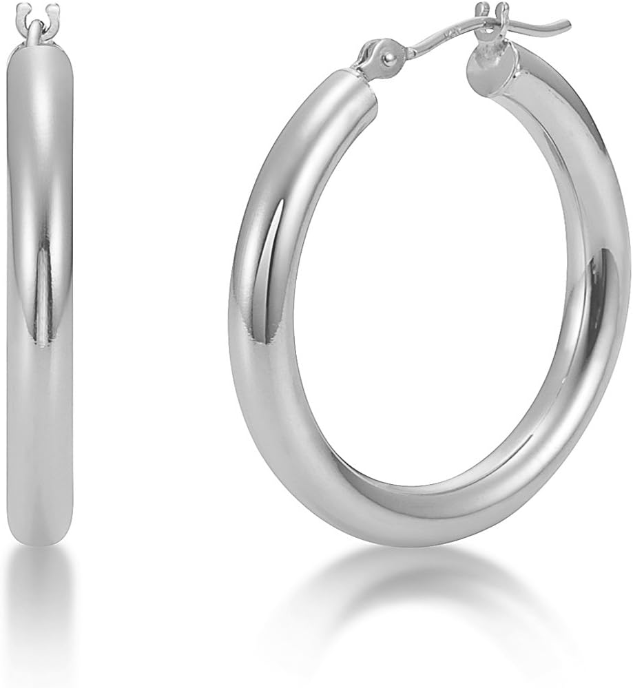 14K White or Yellow Gold 3mm Tube Hoop Earrings High Polish 20mm - 40mm Diameter