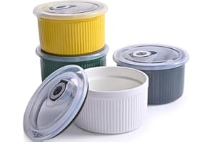 14 oz Ceramic Ramekins with Lids, Set of 4 Oven Safe Porcelain Creme Brulee Ramekins for Baking, Souffle, Pudding, Dessert, D