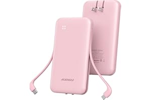 Alongza Portable Charger Built-in Cables and AC Wall Plug, Slim Fast Charging Power Bank 10000mAh, Lightweight USB C External Battery Pack Compact Travel Cell Phone Charger