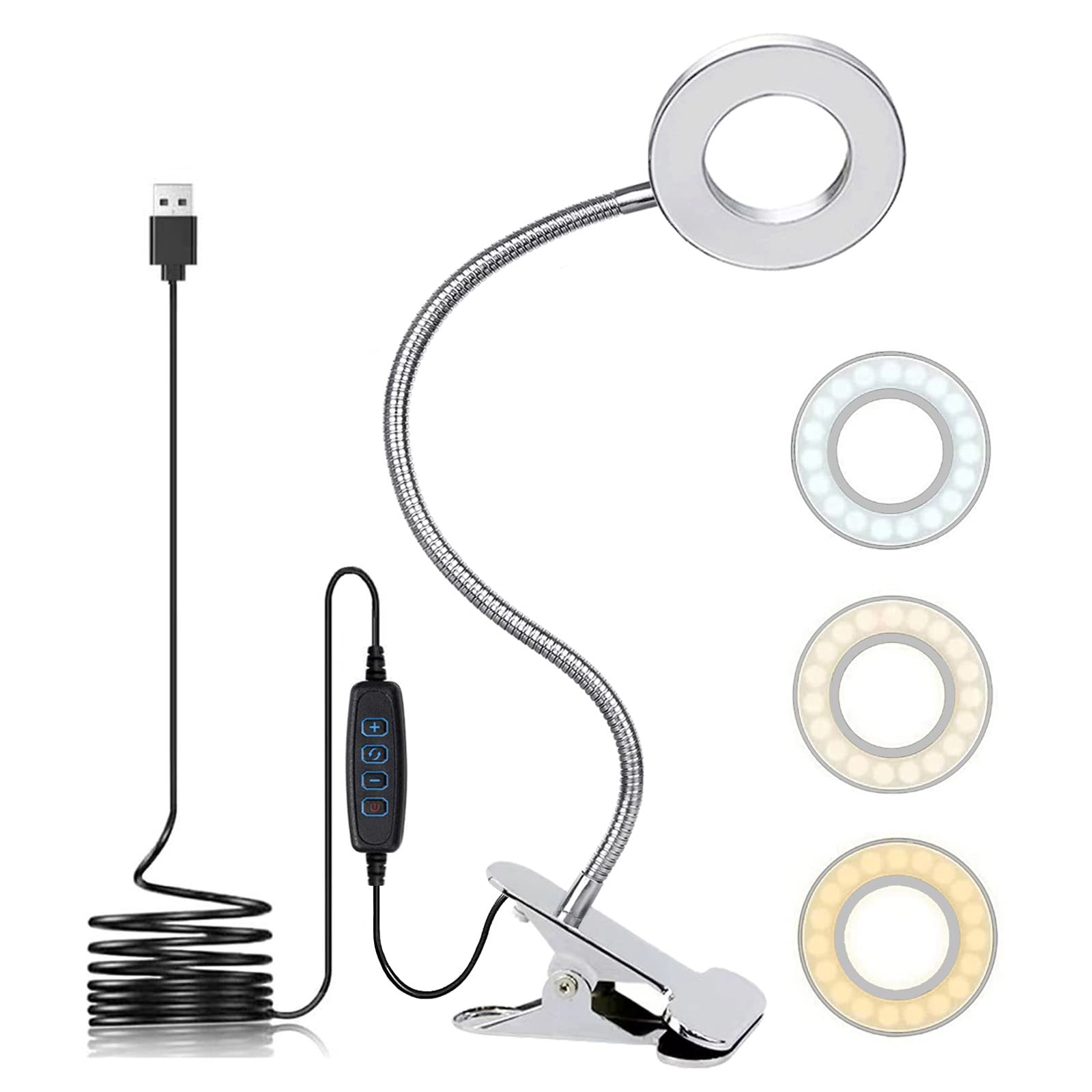 KNAMKY USB LED Desk Lamp Clip On Reading Light, 3 Light Modes & 10 Dimmable Brightness Eye Caring Book Lamp, Bedside lamp with Flexible Neck, Adjustable Perfect for Studying & Working (Silver)