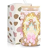 kdxpbpz Pink Coquette Castle Iced Coffee Cup, Cute Princess Palace Glass Tumbler, 16 oz Aesthetic Coffee Glass Cup with Lid Straw, Christmas Birthday Gifts for Women Teen Girls Sister