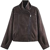 Chevara Women’s Reversible Double-Faced Jacket Slant Front Stand Collar Long Sleeve Cropped Fleece Zipper Coat