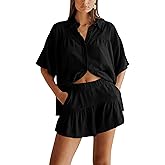 Qiaomai Womens 2 Piece Outfits Summer Ruffled Shirt and High Waist Shorts Matching Set
