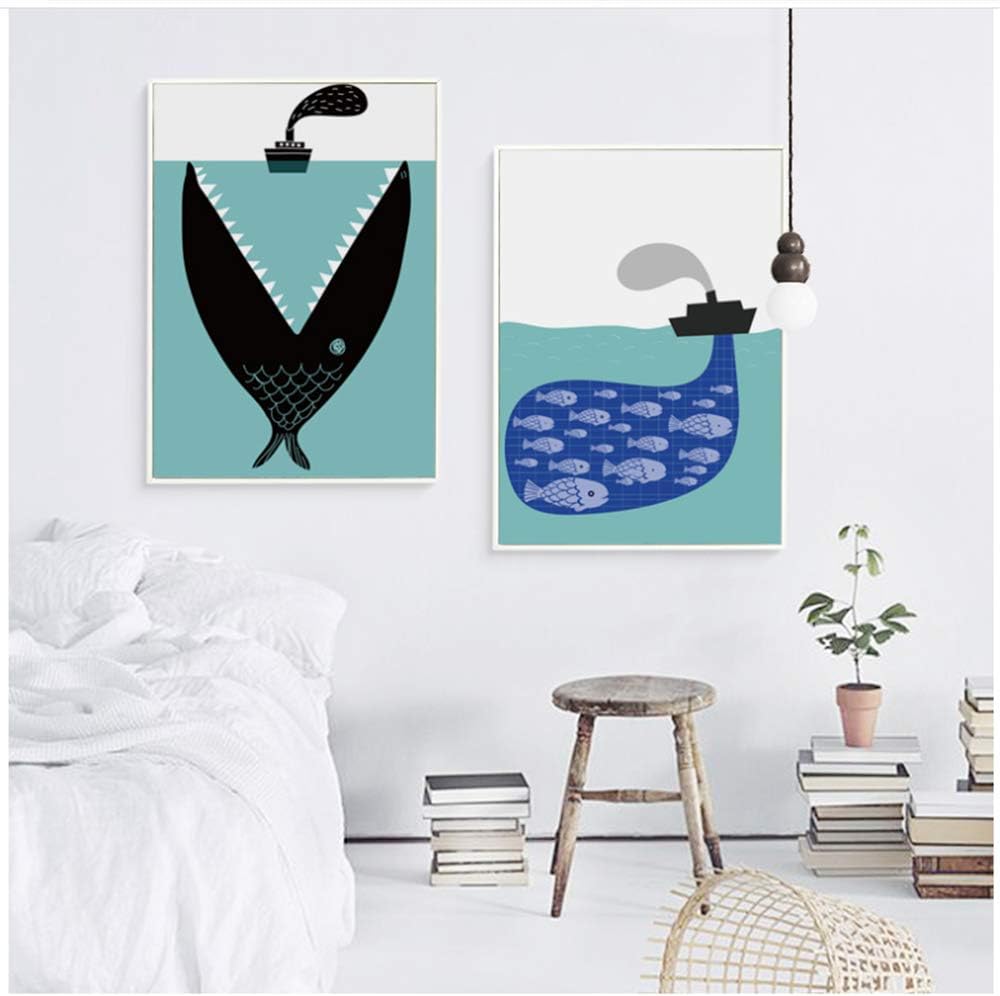 Canvas Painting Art Print Poster Simple Whale Boat Food Chain Inspirational Children Bedroom Decoration -19.6”x 27.5”(50x70cm) x2 No Frame